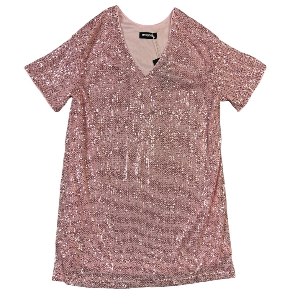 MIYIEONE Sequin Mini Dress L Pink V-Neck Short Sleeve Sparkly Party T-Shirt New - Picture 2 of 9